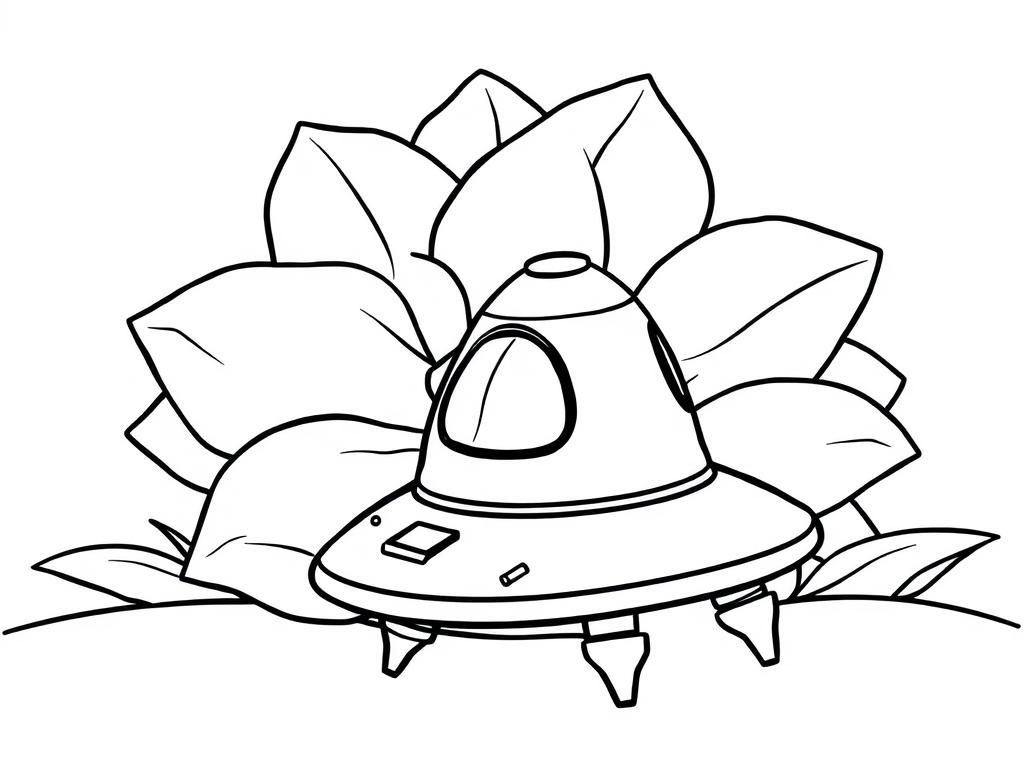 A spaceship in front of a flower - Free Printable Coloring Page