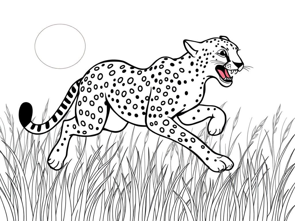 "A speedy cheetah with spots, , running through the grass. Background: a sunny savanna with tall grass and a glowing sun." - Free Printable Coloring Page