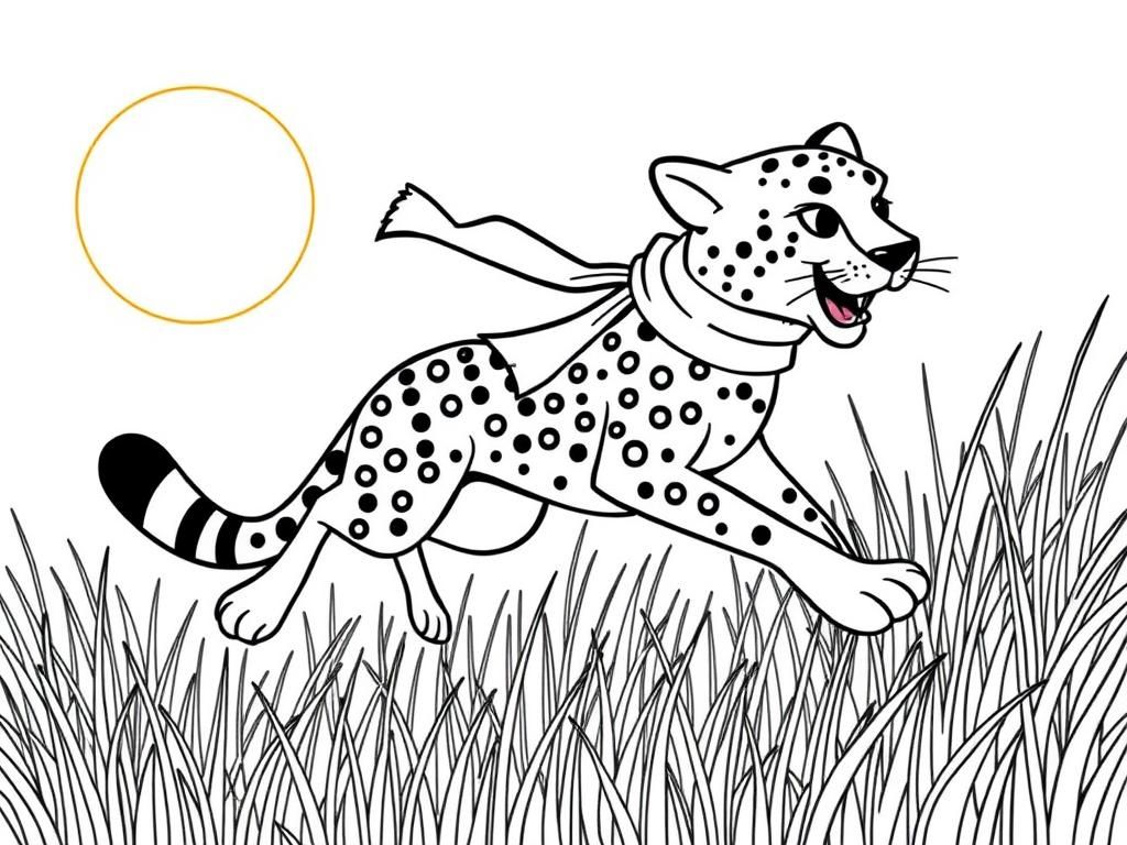 "A speedy cheetah with spots, wearing a tiny scarf, running through the grass. Background: a sunny savanna with tall grass and a glowing sun." - Free Printable Coloring Page