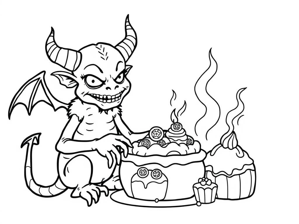 A spooky and cozy coloring page with a demon trying to bake desserts with symbols on them