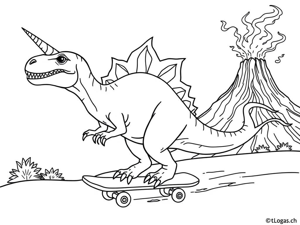 Unicorn Dinosaur Skateboard Coloring Page
