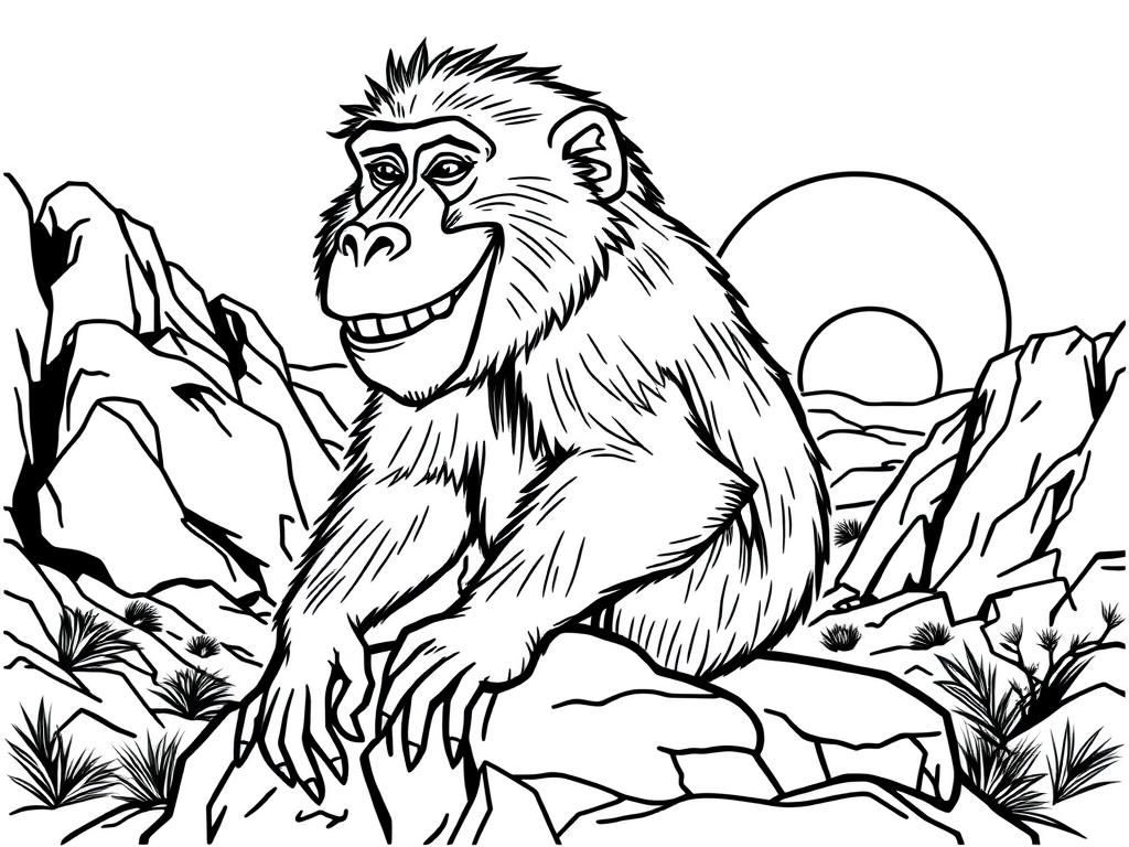 "A strong baboon with a big smile,  sitting on a rock. Background: a rocky savanna with a glowing sunset." - Free Printable Coloring Page