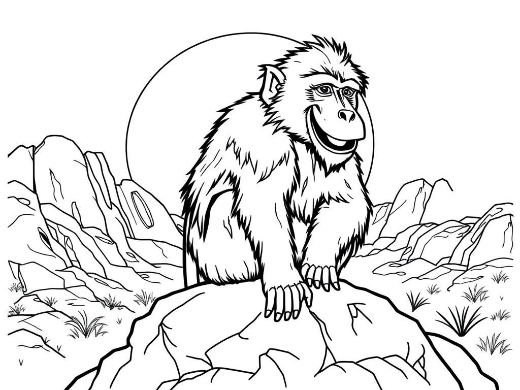 "A strong baboon with a big smile,  sitting on a rock. Background: a rocky savanna with a glowing sunset." - Free Printable Coloring Page