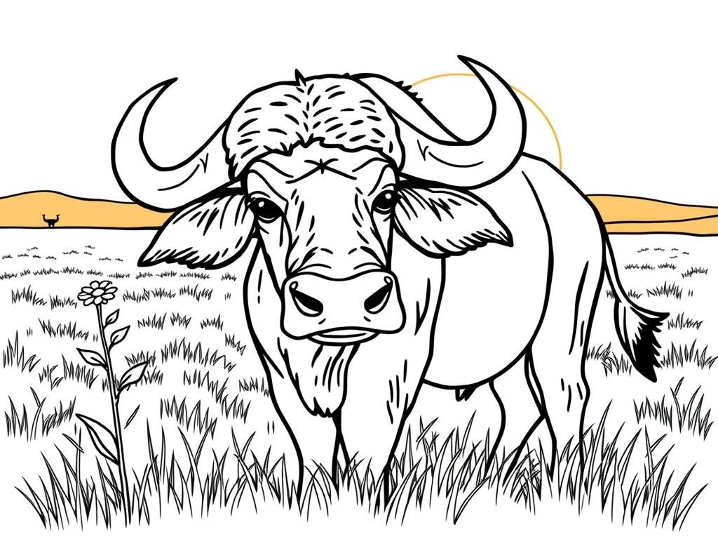 A strong buffalo with big horns, holding a tiny flower, standing in a grassy field. Background: a warm savanna with a glowing sunset." - Free Printable Coloring Page