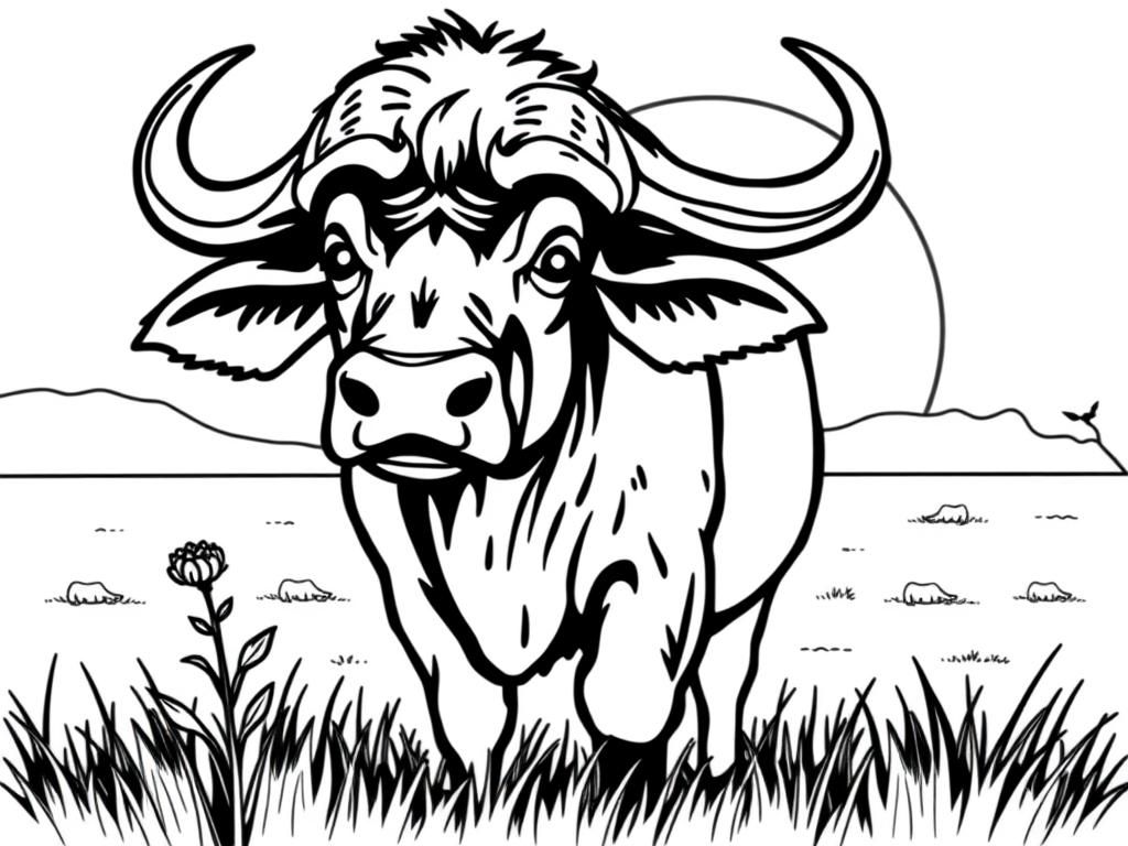 A strong buffalo with big horns, holding a tiny flower, standing in a grassy field. Background: a warm savanna with a glowing sunset." - Free Printable Coloring Page