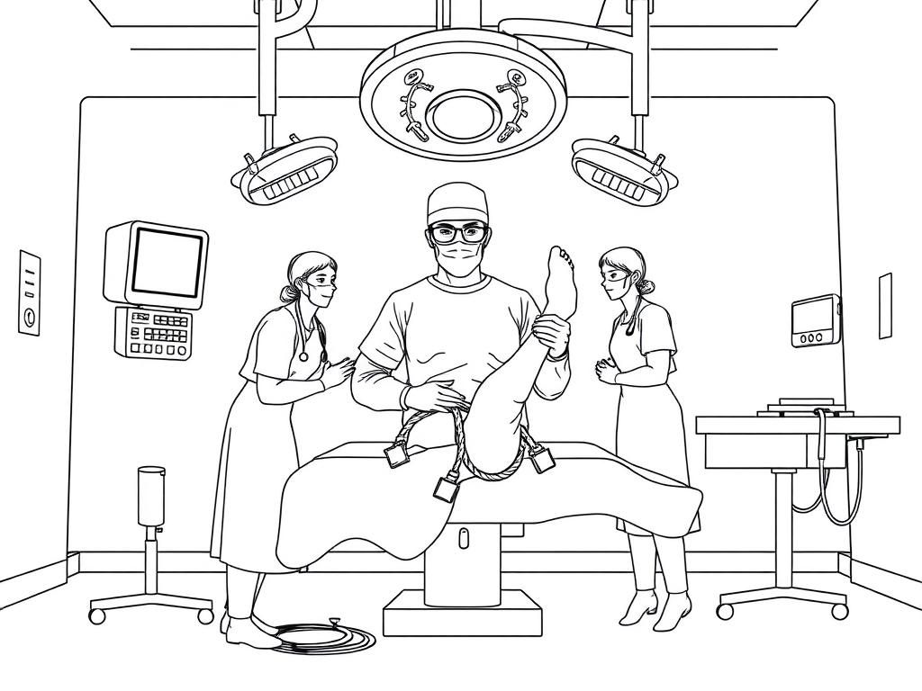 a surgeon in an operating room removing their own legs with two nurses