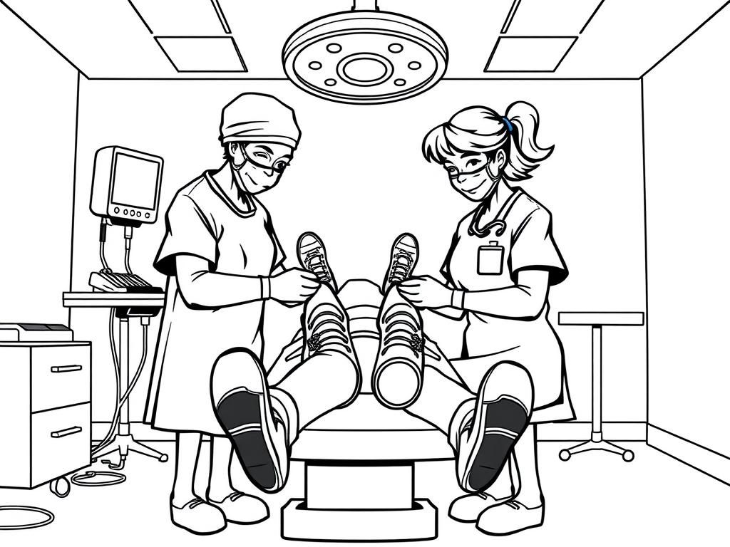 a surgeon in an operating room removing their own legs with two nurses wearing clown shoes