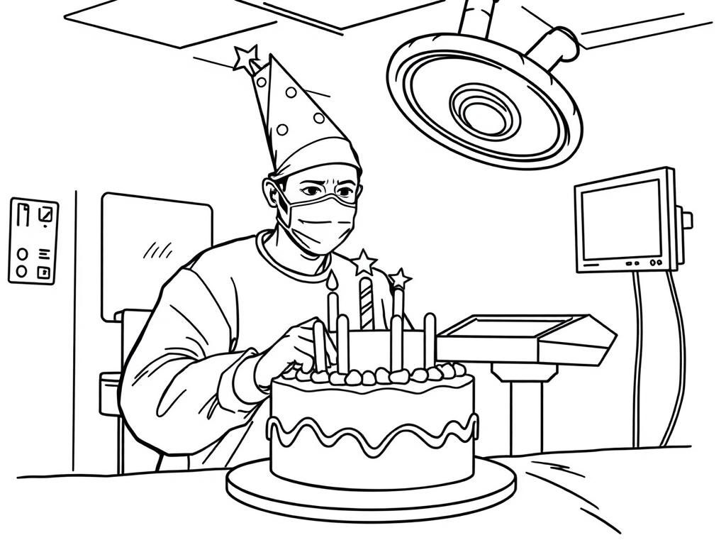 A surgeon wearing a party hat in the operating room operating on a birthday cake.