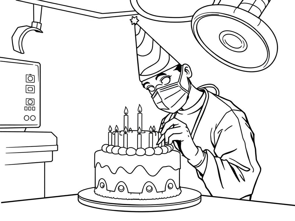 Preview of A surgeon wearing a party hat in the operating room operating on a birthday cake making an incision in the cake with a scalpel.