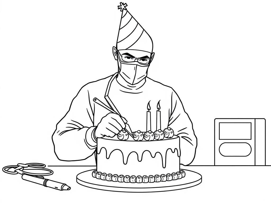 Preview of A surgeon wearing a party hat in the operating room operating on a birthday cake making an incision in the cake with a scalpel.