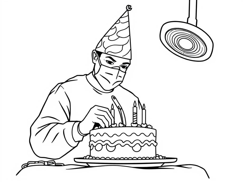 Preview of A surgeon wearing a party hat in the operating room operating on a birthday cake making an incision in the cake with a scalpel.