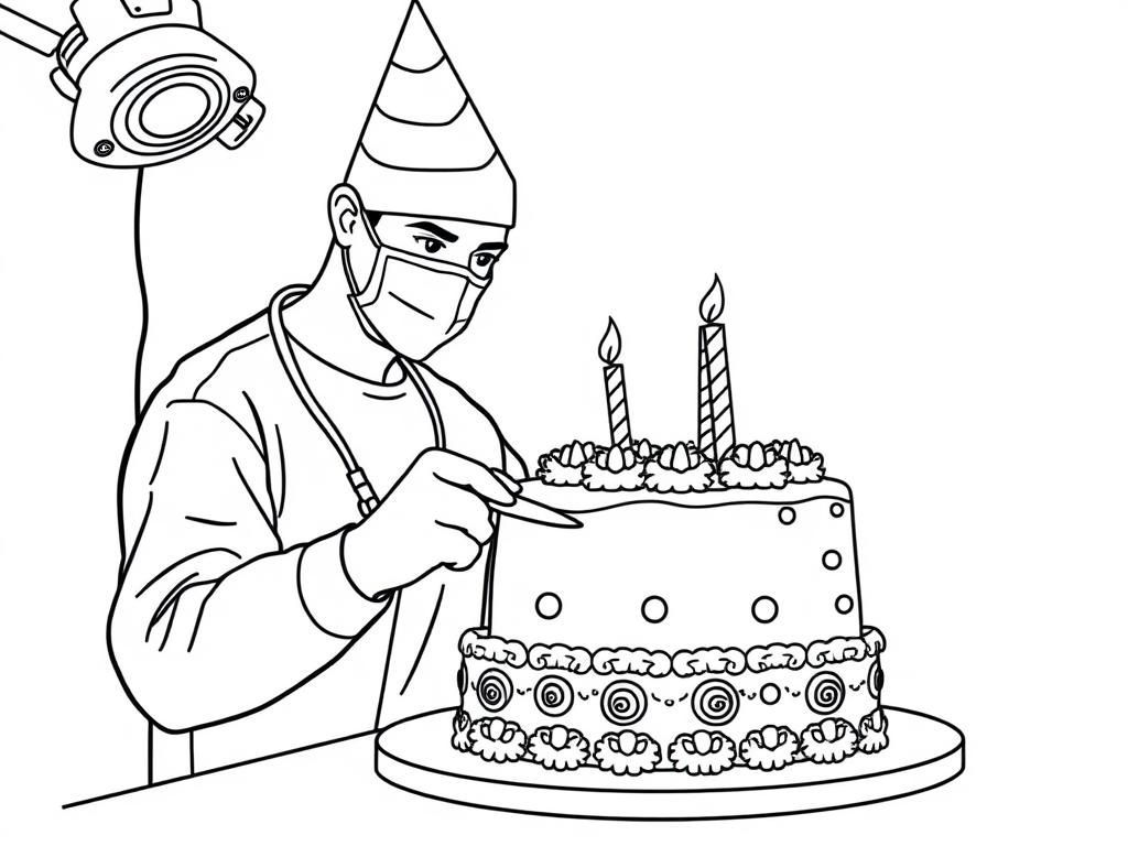 A surgeon wearing a party hat in the operating room operating on a birthday cake making an incision in the cake with a scalpel.