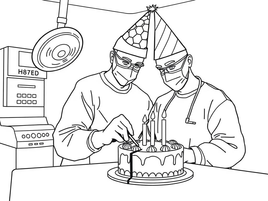 A surgeon wearing a party hat in the operating room operating on a birthday cake making an incision in the cake with a scalpel.