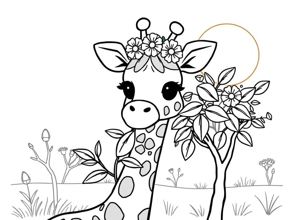 A sweet giraffe, munching on leaves from a tree, wearing a tiny flower crown. Background: a soft pastel savanna with acacia trees and a glowing sun." - Free Printable Coloring Page