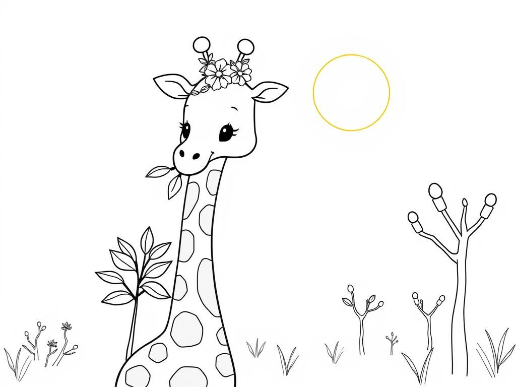 A sweet giraffe with a long neck, munching on leaves from a tree, wearing a tiny flower crown. Background: a soft pastel savanna with acacia trees and a glowing sun." - Free Printable Coloring Page