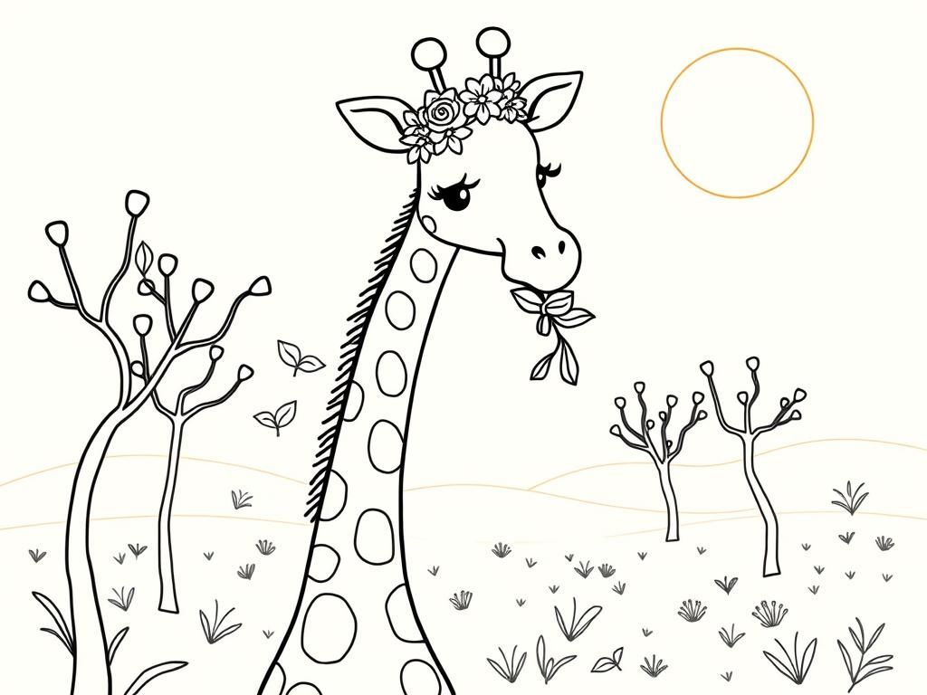 A sweet giraffe with a long neck, munching on leaves from a tree, wearing a tiny flower crown. Background: a soft pastel savanna with acacia trees and a glowing sun." - Free Printable Coloring Page