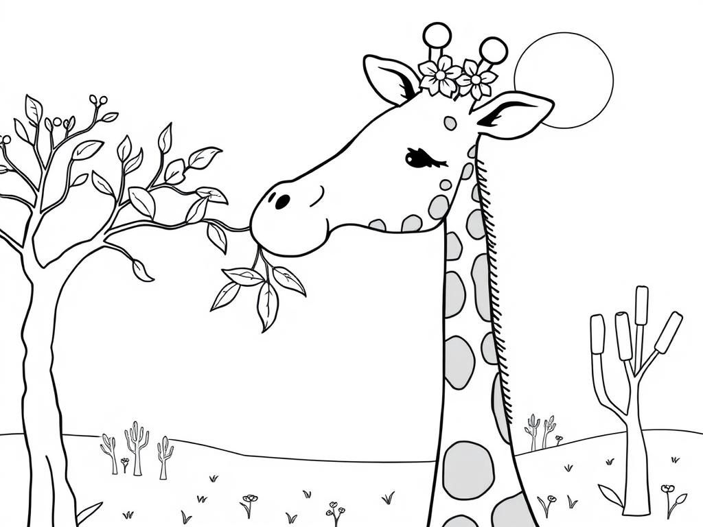 A sweet giraffe with a long neck, munching on leaves from a tree, wearing a tiny flower crown. Background: a soft pastel savanna with acacia trees and a glowing sun." - Free Printable Coloring Page