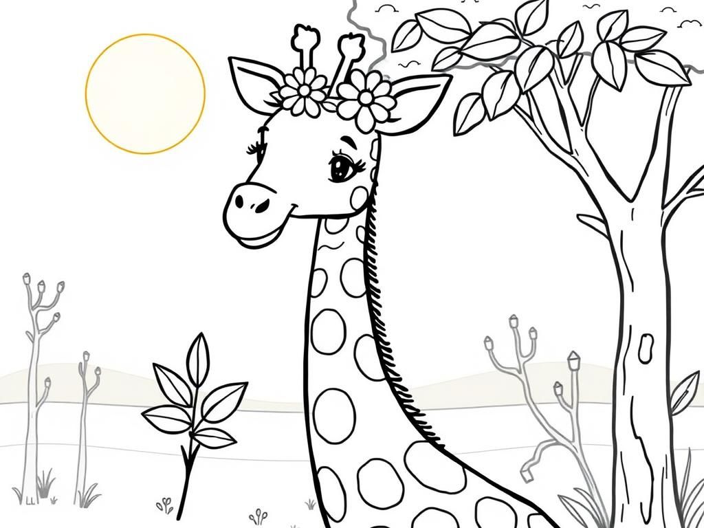 A sweet giraffe with a long neck, munching on leaves from a tree, wearing a tiny flower crown. Background: a soft pastel savanna with acacia trees and a glowing sun." - Free Printable Coloring Page