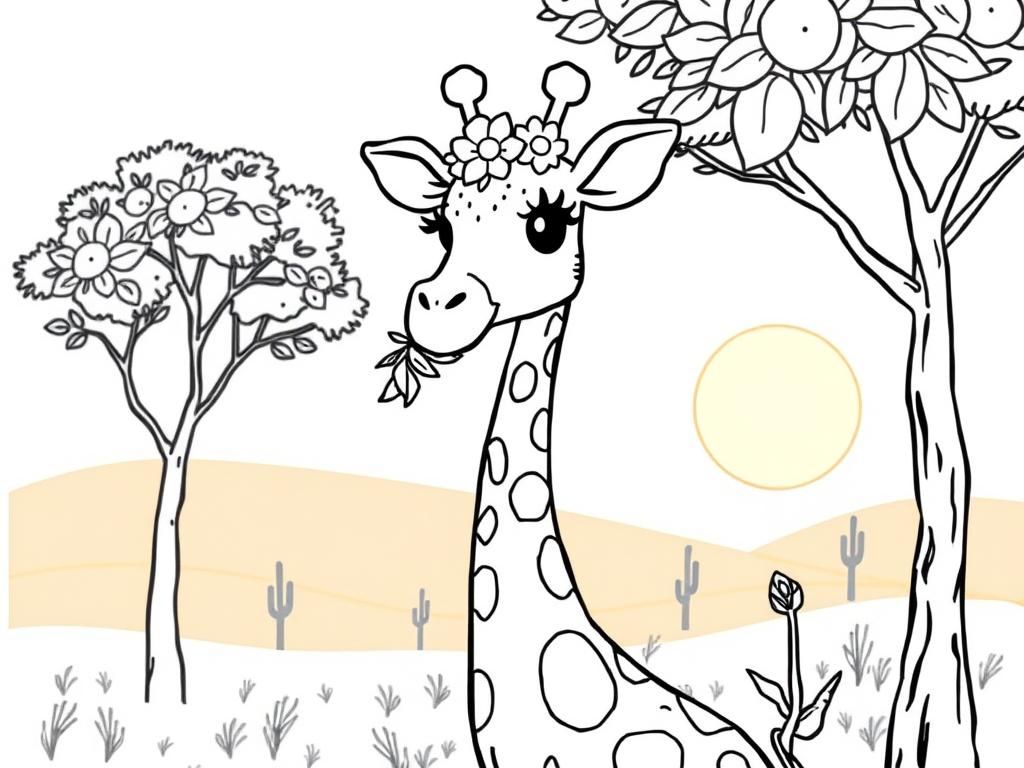 A sweet giraffe with a long neck, munching on leaves from a tree, wearing a tiny flower crown. Background: a soft pastel savanna with acacia trees and a glowing sun." - Free Printable Coloring Page