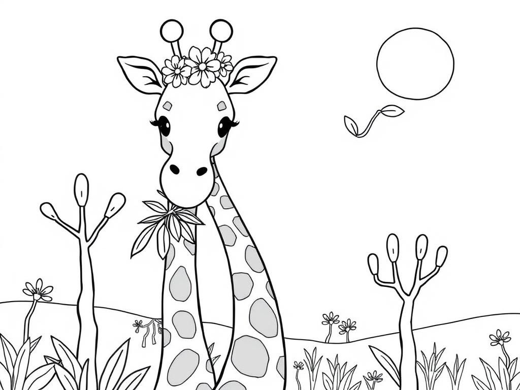 A sweet giraffe with a long neck, munching on leaves from a tree, wearing a tiny flower crown. Background: a soft pastel savanna with acacia trees and a glowing sun." - Free Printable Coloring Page