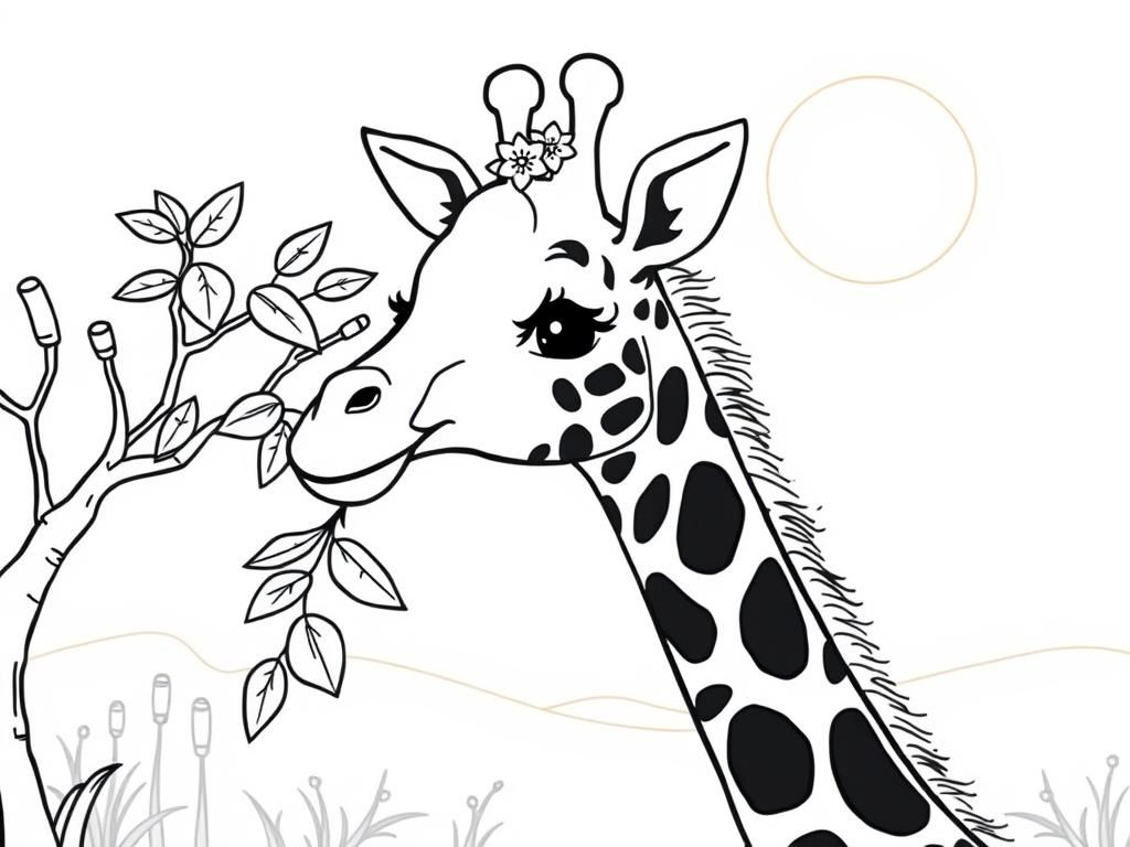 A sweet giraffe with a long neck, munching on leaves from a tree, wearing a tiny flower crown. Background: a soft pastel savanna with acacia trees and a glowing sun." - Free Printable Coloring Page