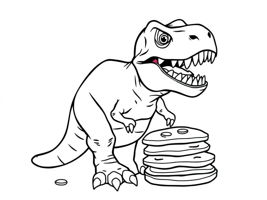 Hungry T-Rex Dinosaur Pancake Fun Coloring Page