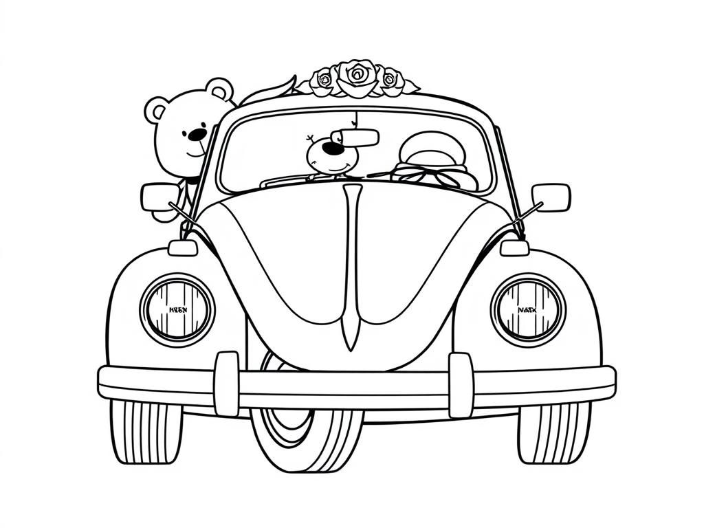 Bear and Dog in a Vintage Car Coloring Page