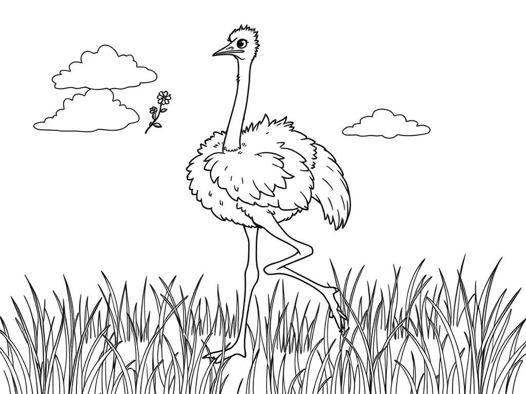 "A tall ostrich with fluffy feathers, holding a tiny flower, running through the grass. Background: a sunny savanna with tall grass and fluffy clouds." - Free Printable Coloring Page