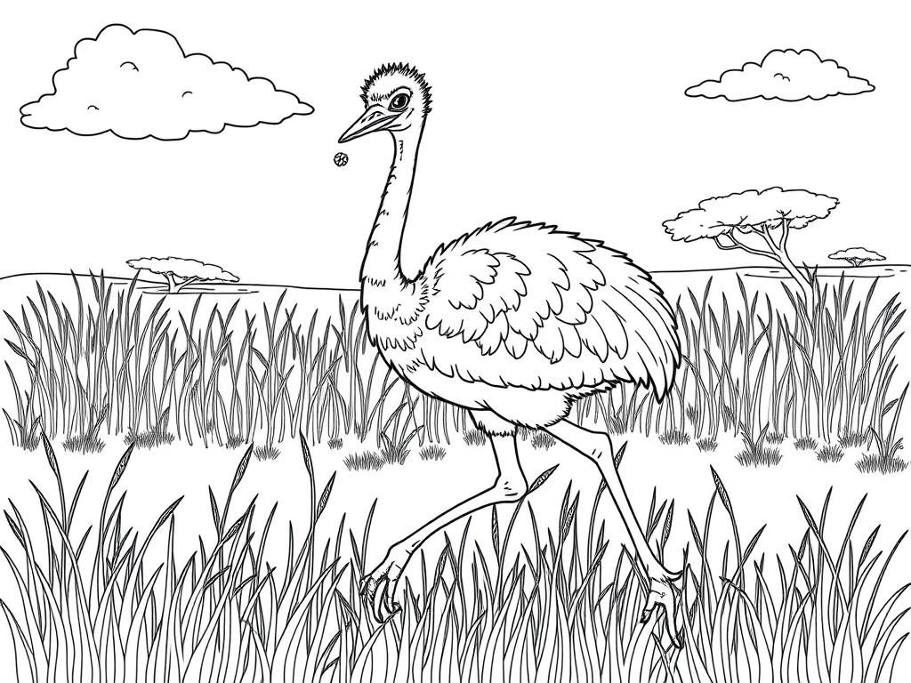 "A tall ostrich with fluffy feathers, holding a tiny flower, running through the grass. Background: a sunny savanna with tall grass and fluffy clouds." - Free Printable Coloring Page