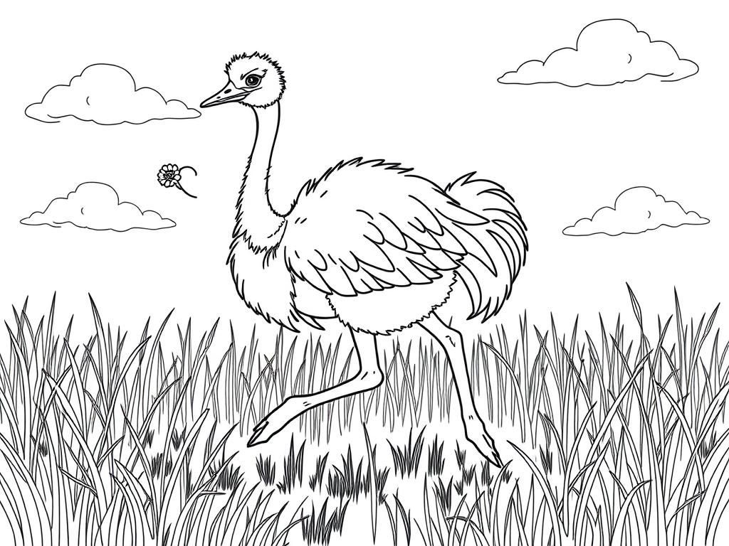 "A tall ostrich with fluffy feathers, holding a tiny flower, running through the grass. Background: a sunny savanna with tall grass and fluffy clouds." - Free Printable Coloring Page