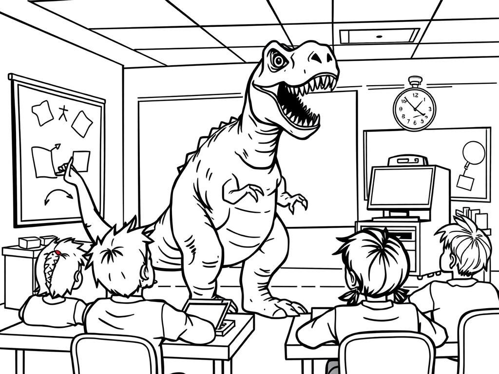 Preview of a teacher on a dinosaur attacking students in a classroom