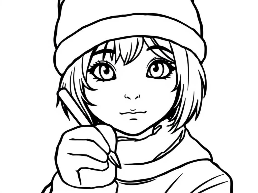 Anime Girl with Pencil Coloring Page