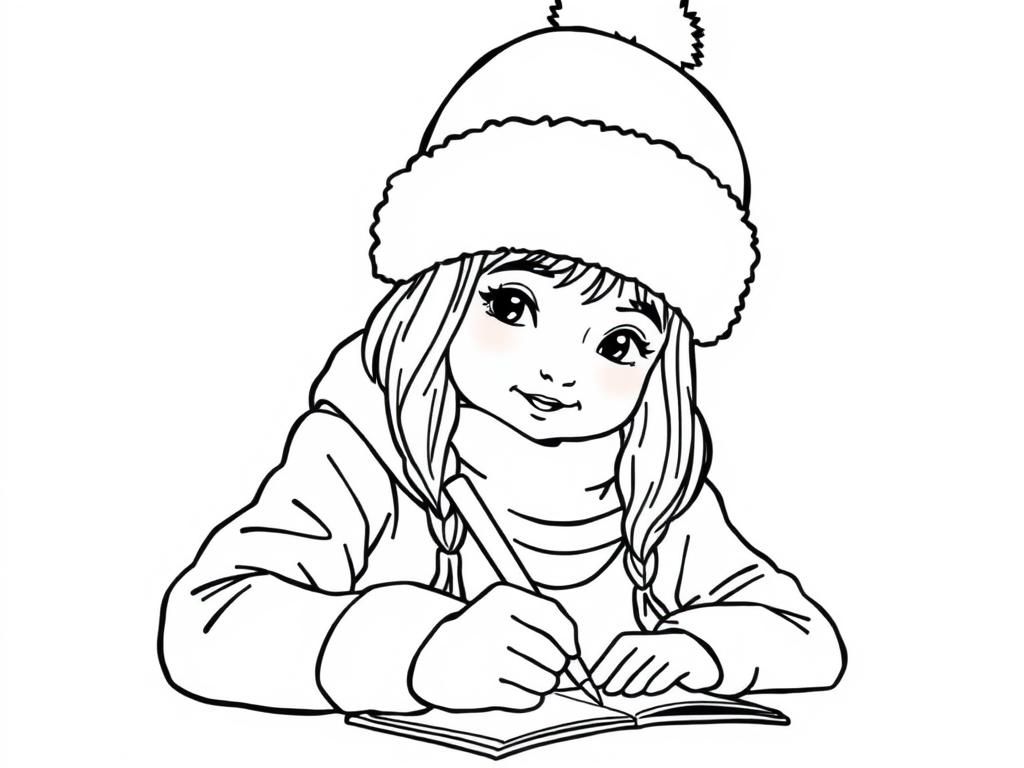Girl Writing in Winter Coloring Page