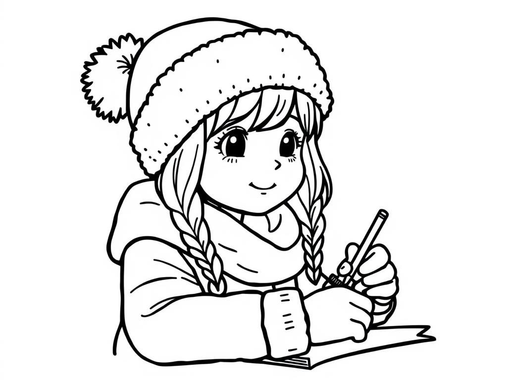 Girl Writing in Winter Coloring Page