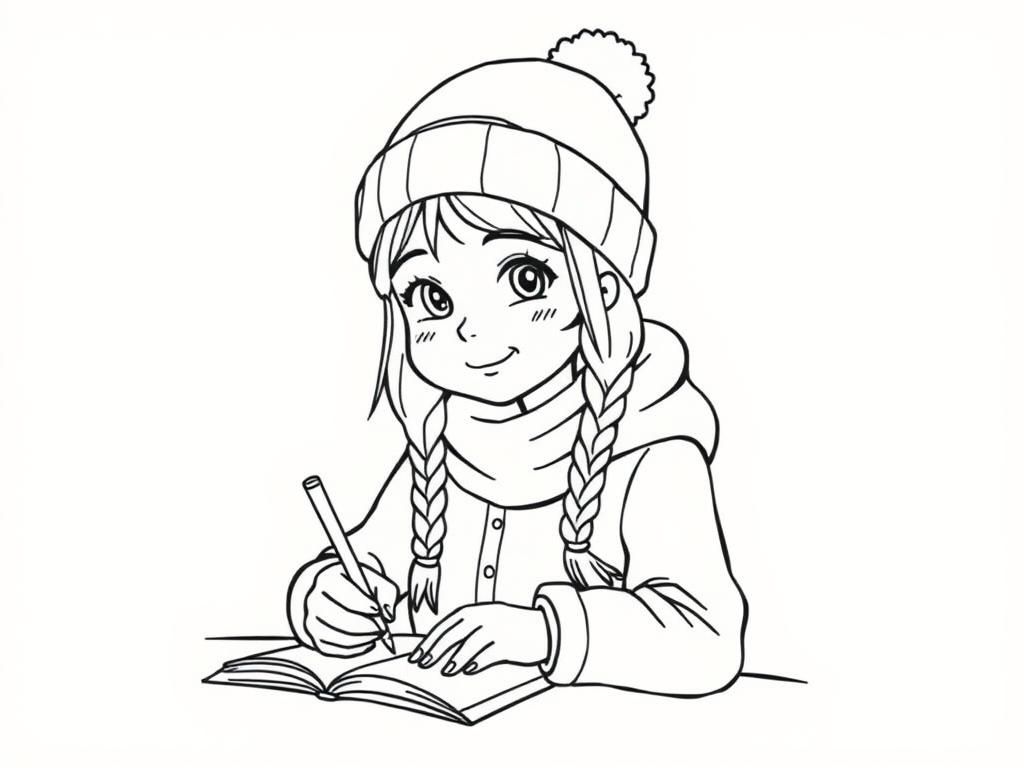 Girl Writing in Winter Coloring Page