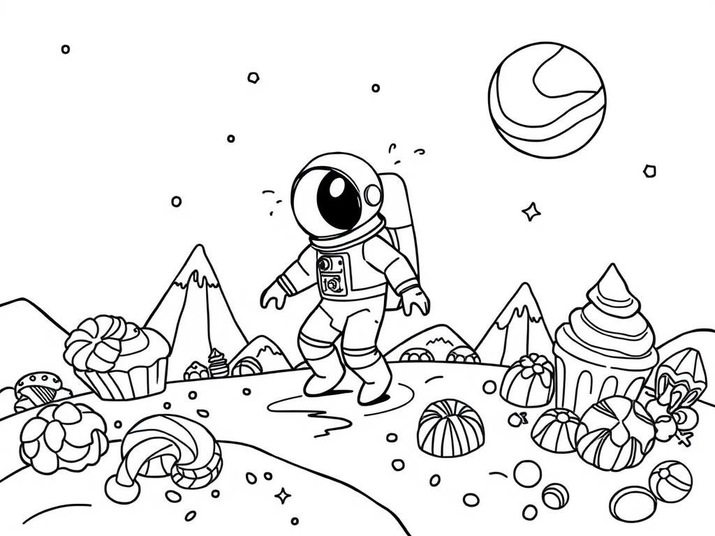 Preview of A tiny astronaut exploring a landscape made of candy and desserts.