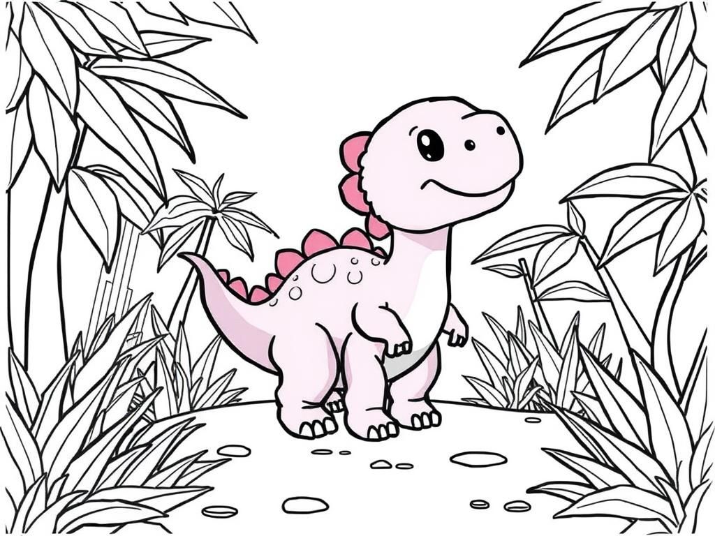 Pink Dinosaur in Jungle Coloring Page