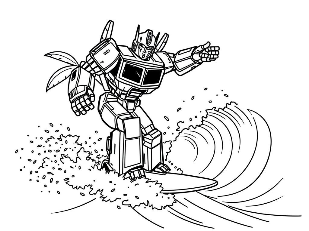 a transformer robot surfing a Hawaiian wave