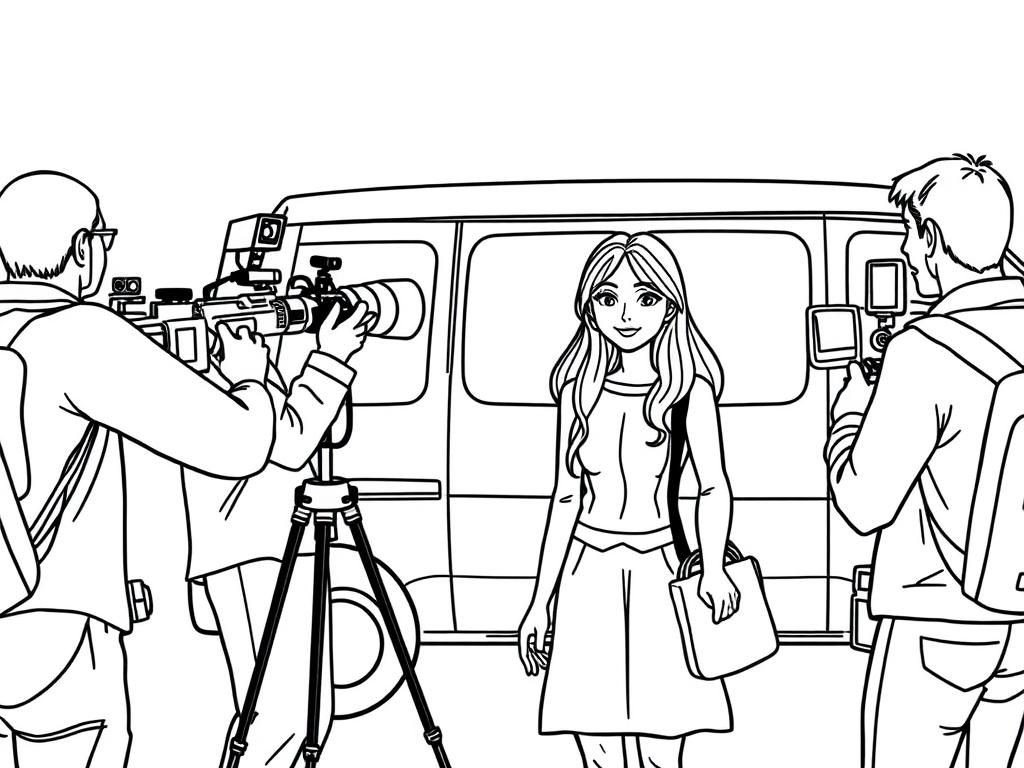 Preview of A TV news crew, including a reporter and a cameraman, pointing the camera at her in front of a van