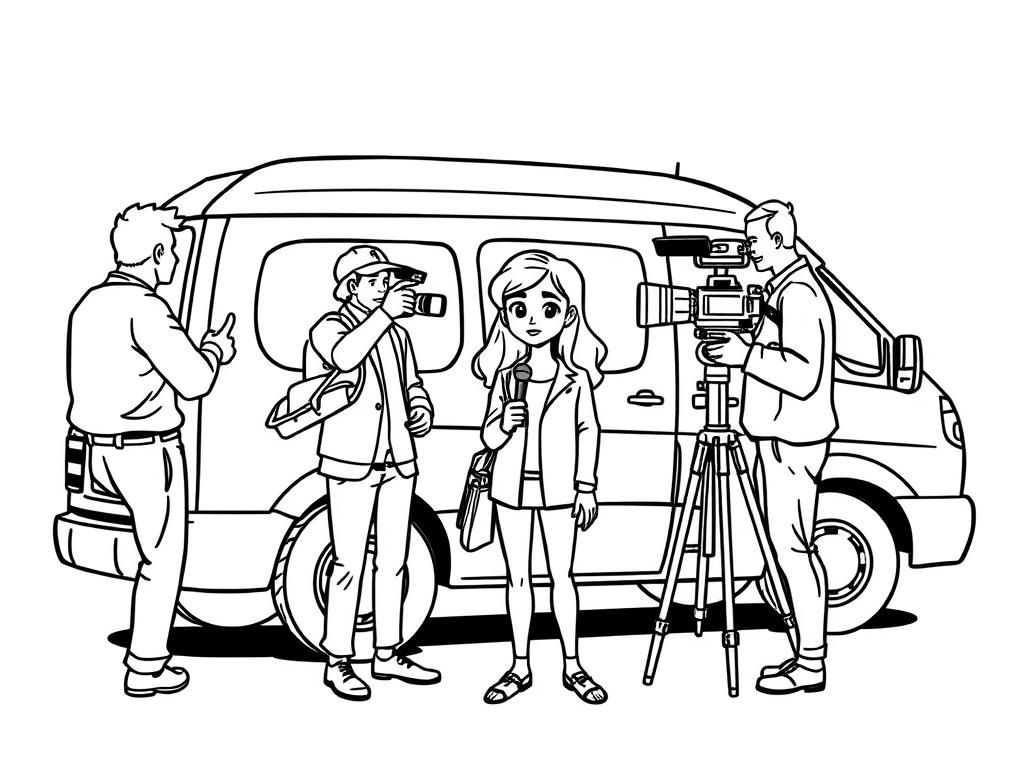 Preview of A TV news crew, including a reporter and a cameraman, pointing the camera at her in front of a van