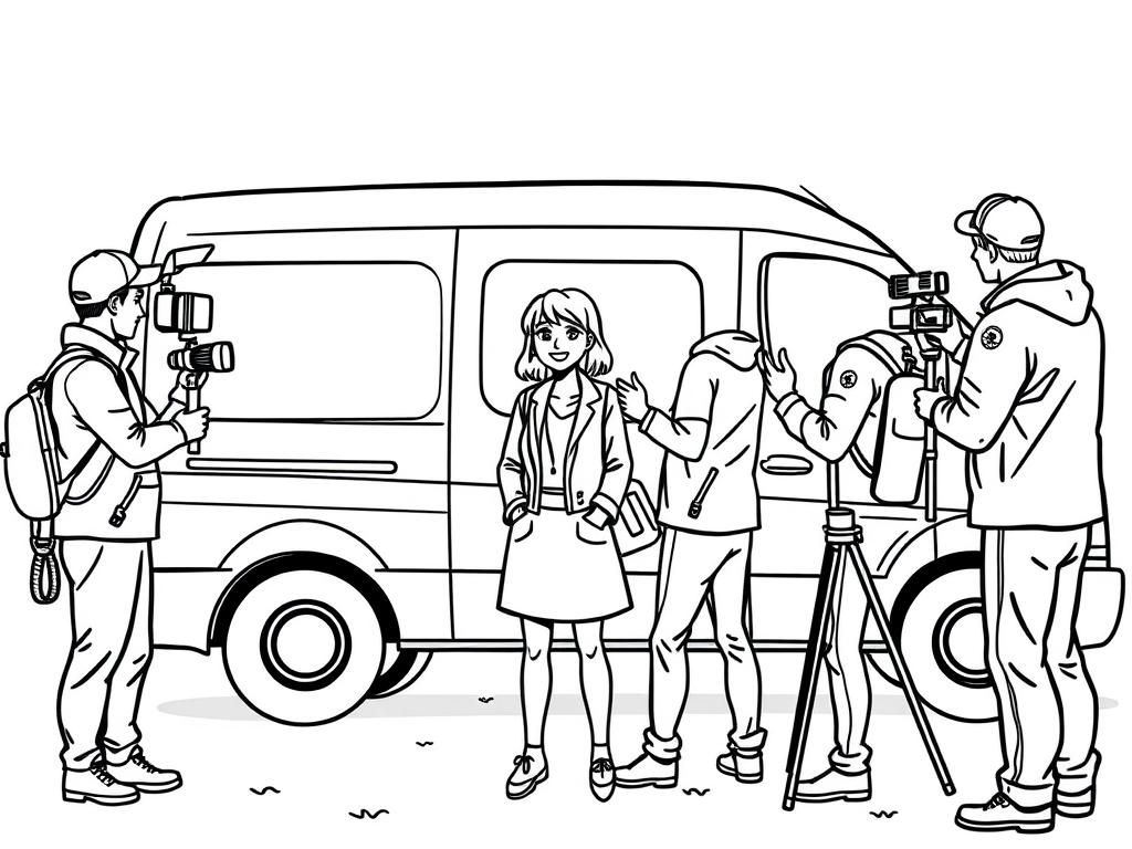 Preview of A TV news crew, including a reporter and a cameraman, pointing the camera at her in front of a van