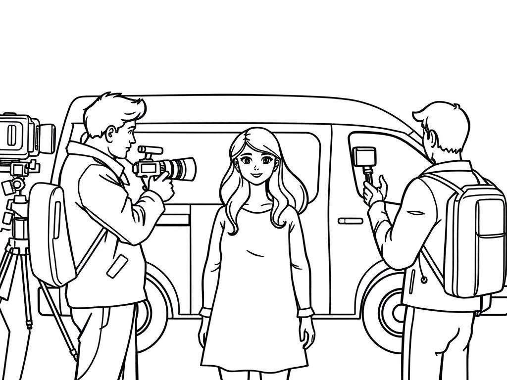 Preview of A TV news crew, including a reporter and a cameraman, pointing the camera at her in front of a van