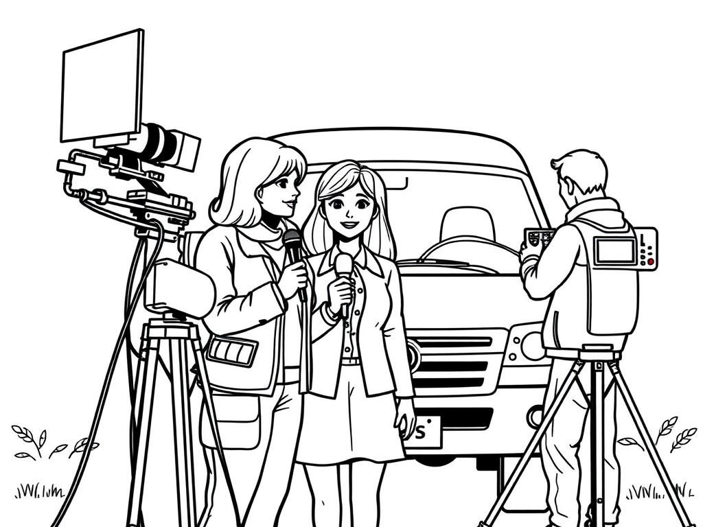 Preview of A TV news crew, including a reporter, holding a microphone and a cameraman, pointing the camera at her in front of a van