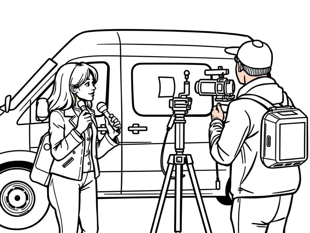 Preview of A TV news crew, including a reporter, holding a microphone and a cameraman, pointing the camera at her in front of a van