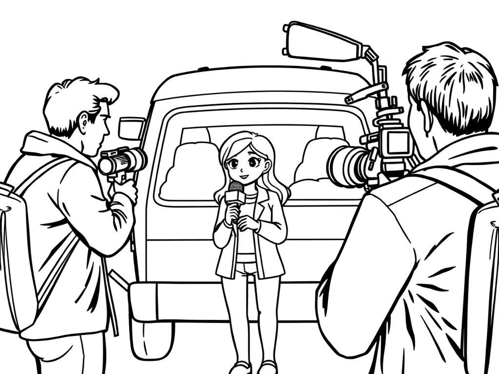 Preview of A TV news crew, including a reporter with a microphone and a cameraman, pointing the camera at her in front of a van