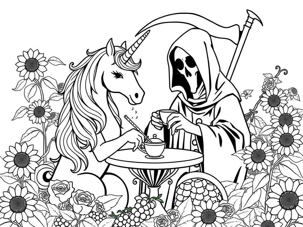 a unicorn and a grim reaper having tea and biscuits in a garden full of sunflowers, roses, and grapes. - Free Printable Coloring Page