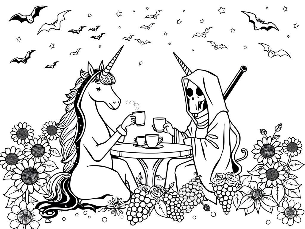 a unicorn and a grim reaper having tea and biscuits in a garden full of sunflowers, roses, and grapes. in the sky above them, shooting stars and bats - Free Printable Coloring Page