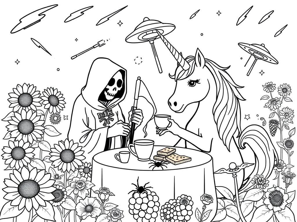 a unicorn and a grim reaper having tea and biscuits in a garden full of sunflowers, roses, and grapes. meteors in the background.  a UFO in the background.  a spider on the table - Free Printable Coloring Page