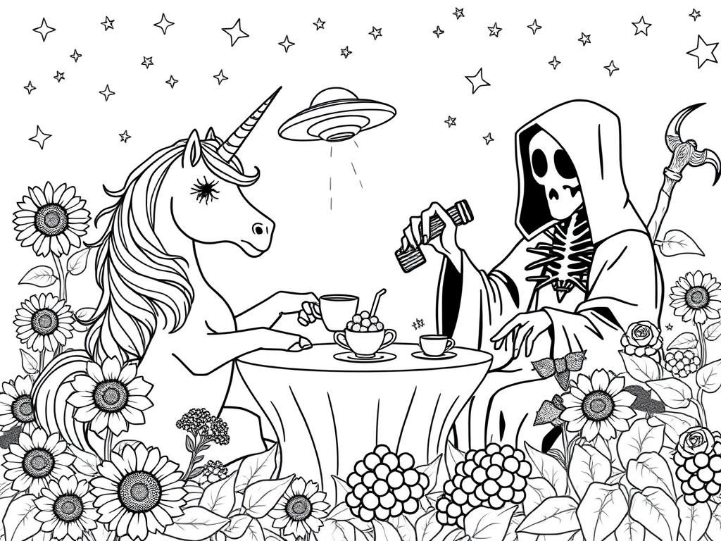 a unicorn and a grim reaper having tea and biscuits in a garden full of sunflowers, roses, and grapes. shooting stars in the background.  a UFO in the background.  a spider on the tables - Free Printable Coloring Page