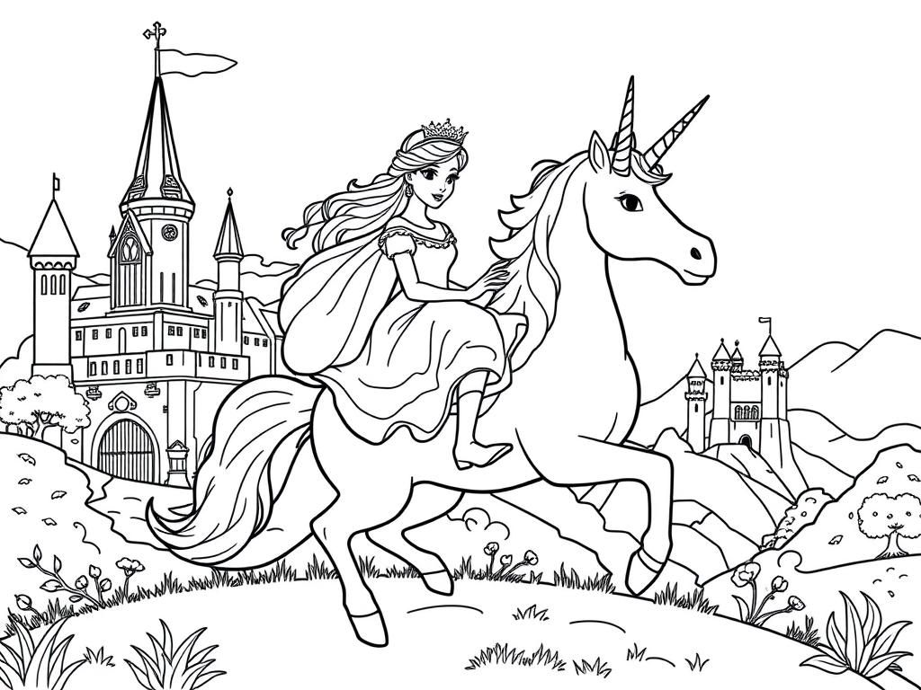 Princess And Unicorn Coloring Page